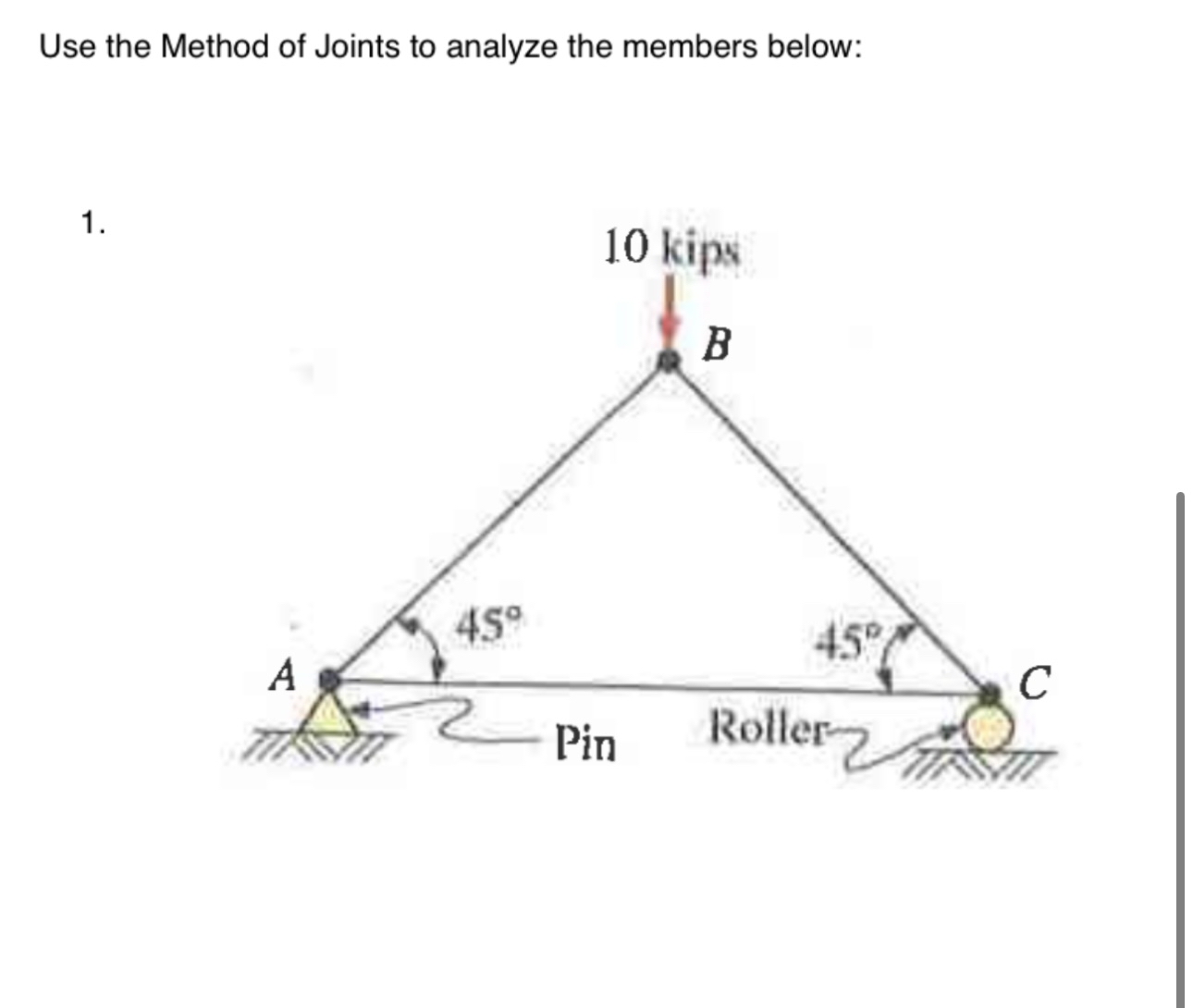 Use the Method of Joints to analyze the members