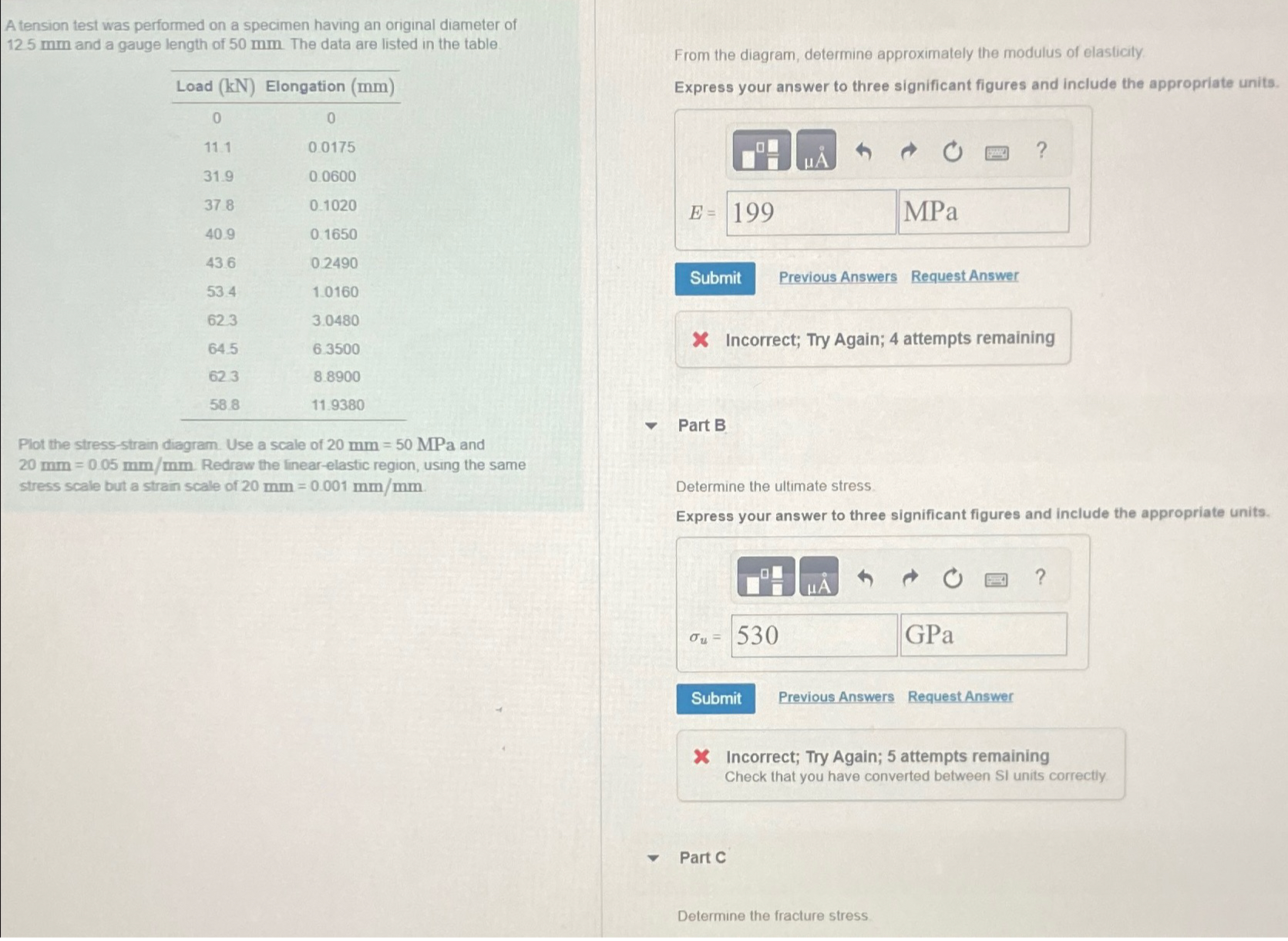 A tension test was performed on a specimen having
