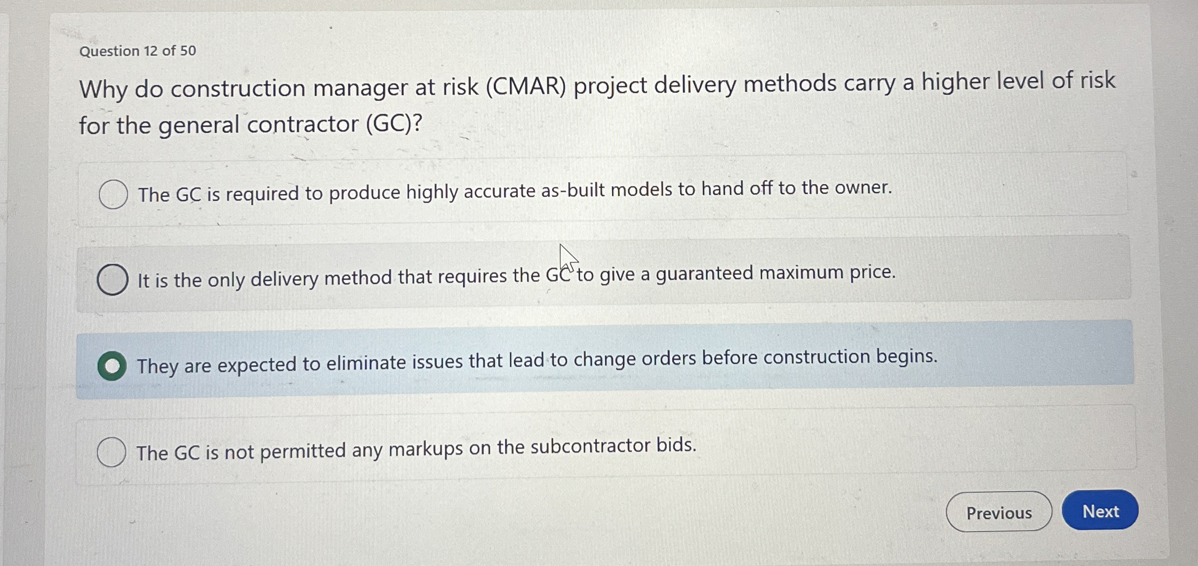 Question 1 2 of 5 0 Why do construction manager