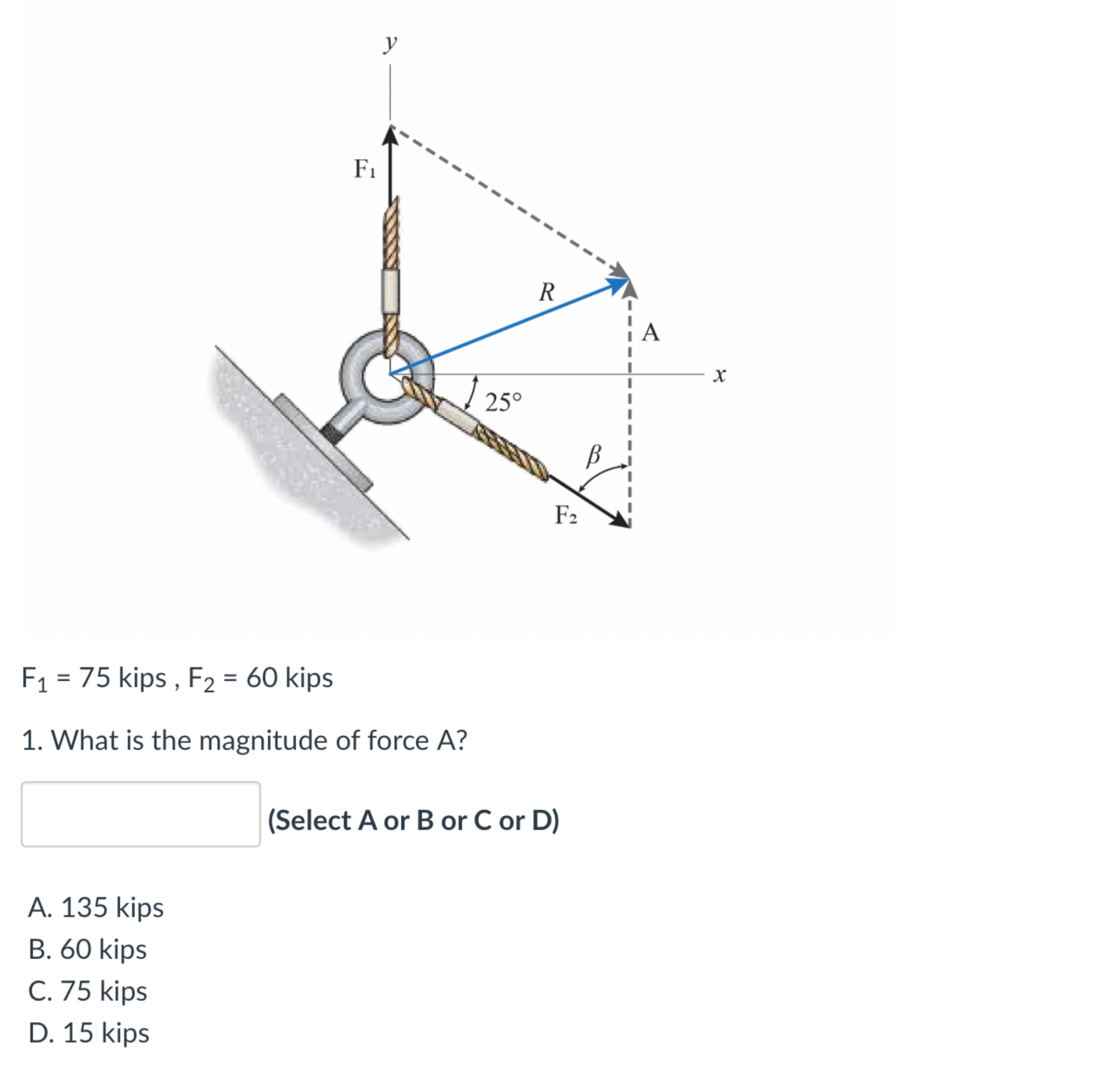 F 1 = 7 5 kips, F 2 = 6 0 kips What is the