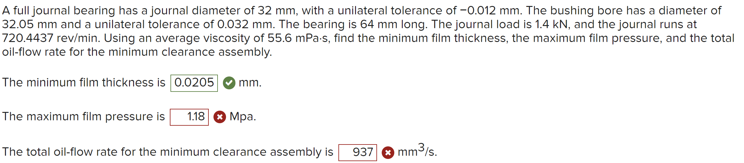 A full journal bearing has a journal diameter of