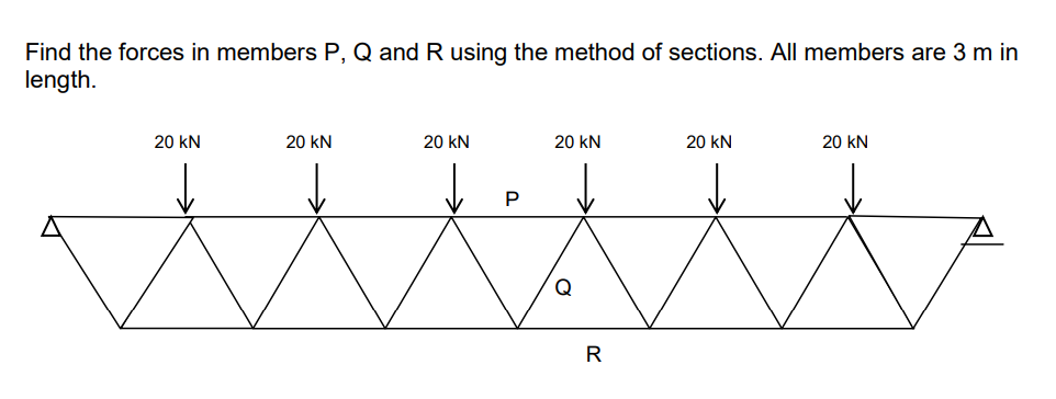 Find the forces in members P , Q and R using the