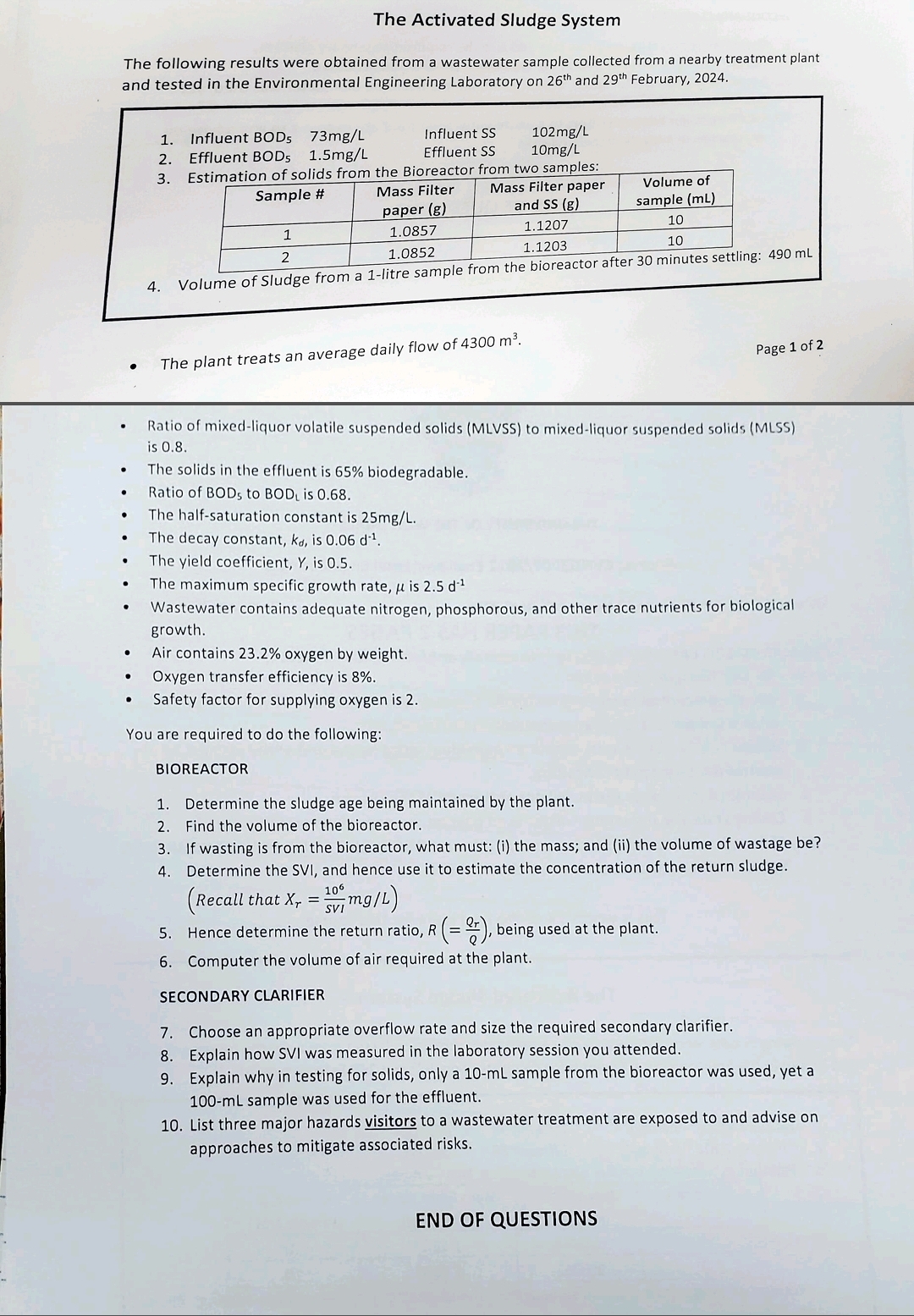 Ratio of mixed - liquor volatile suspended solids