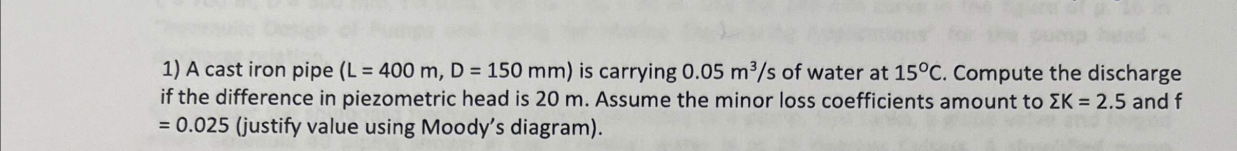 A cast iron pipe ( L = 4 0 0 m , D = 1 5 0 m m )