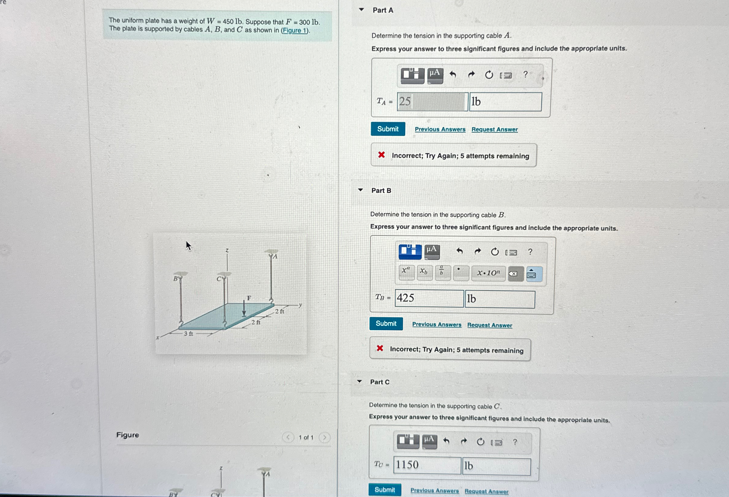 The uniform plate has a weight of W = 4 5 0 l b .