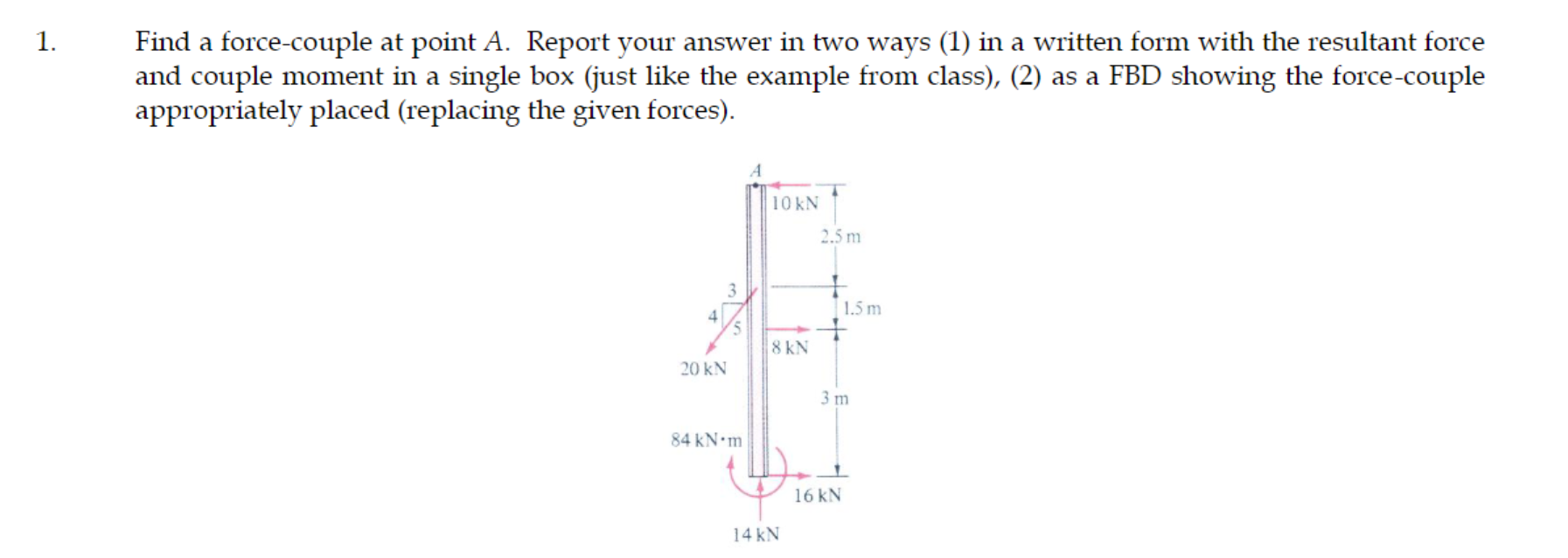 Find a force - couple at point A . Report your