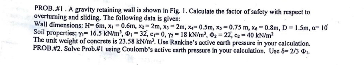 PROB.# 1 A gravity retaining wall is shown in