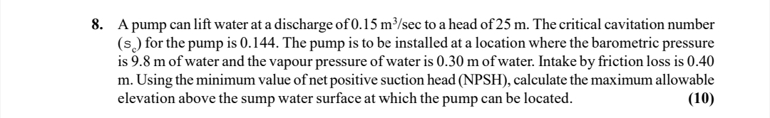 A pump can lift water at a discharge of 0 . 1 5 m