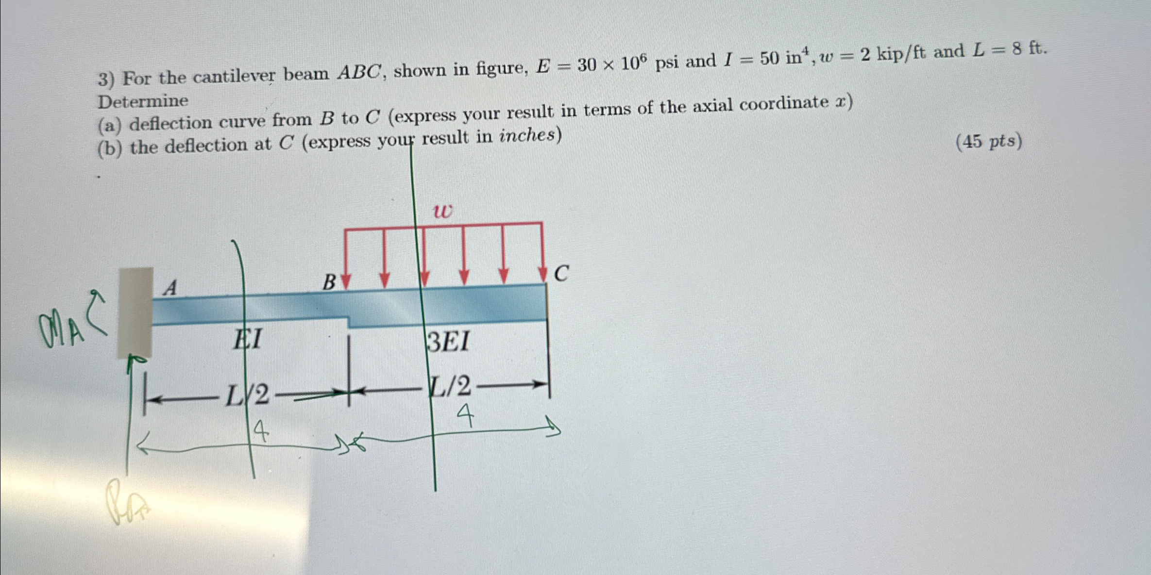 For the cantilever beam ABC, shown in figure, E =