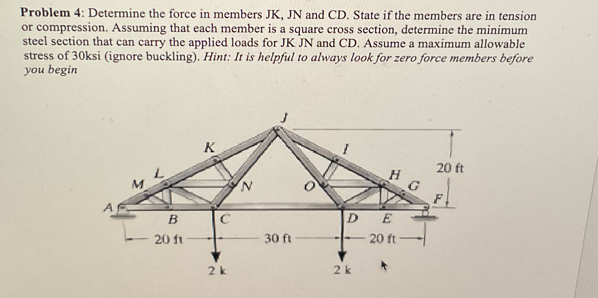 Problem 4 : Determine the force in members JK ,