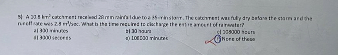 A 10.8km^(2) catchment received 28mm rainfall due