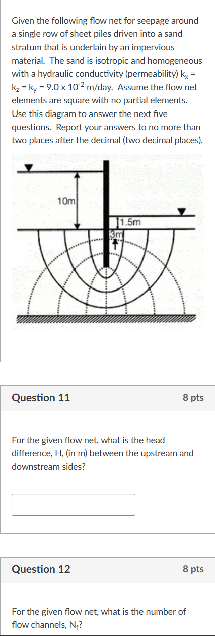 Given the following flow net for seepage around a