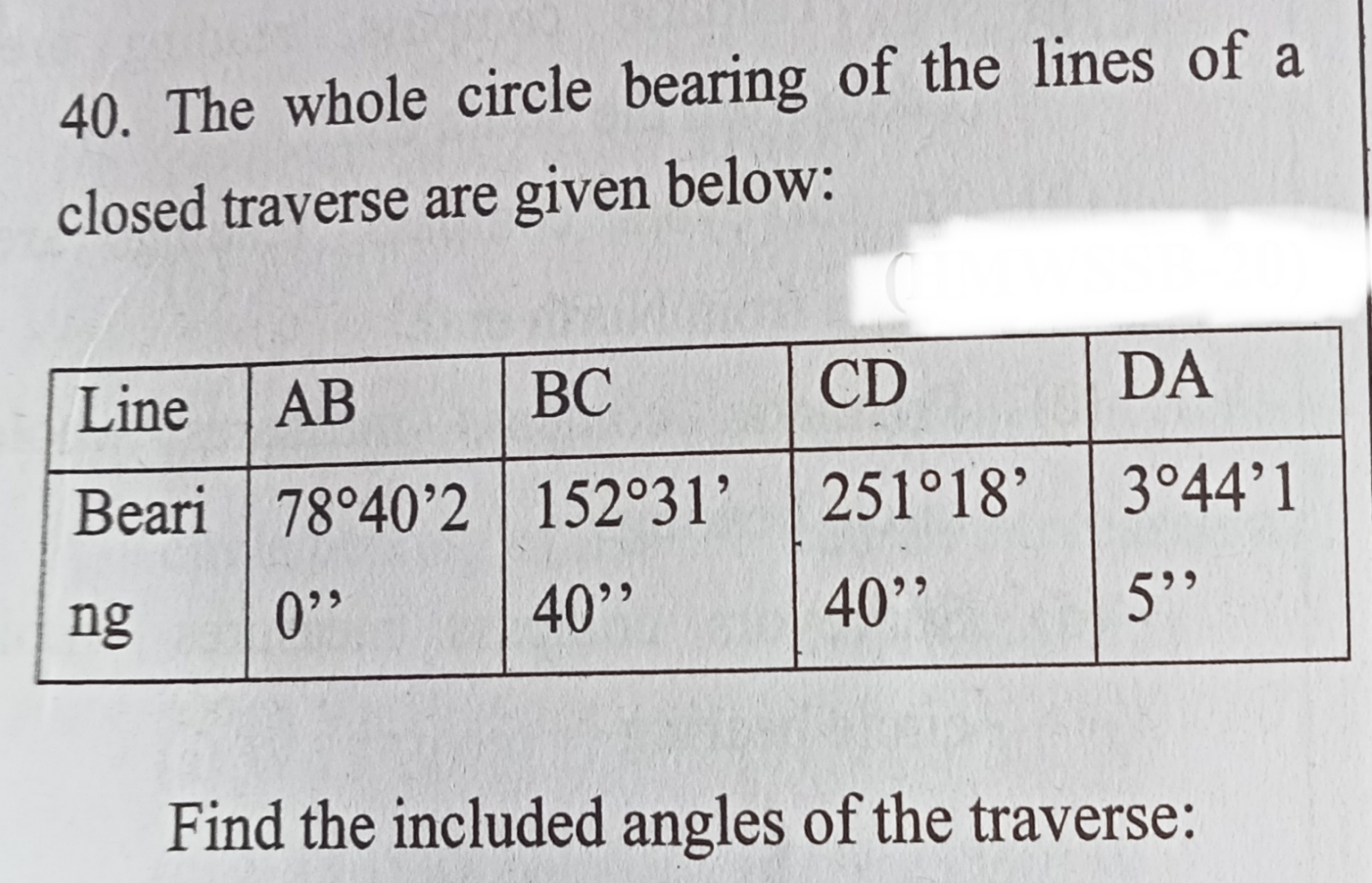 The whole circle bearing of the lines of a closed
