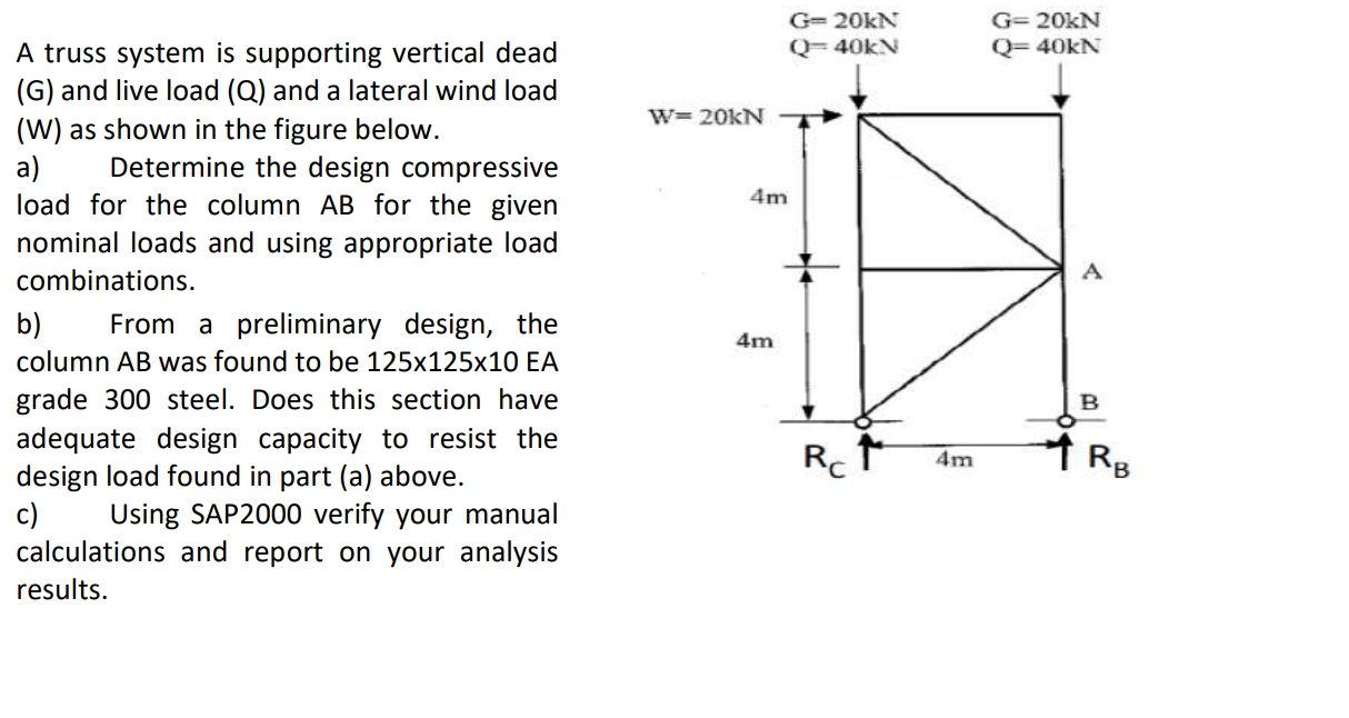A truss system is supporting vertical dead ( G )