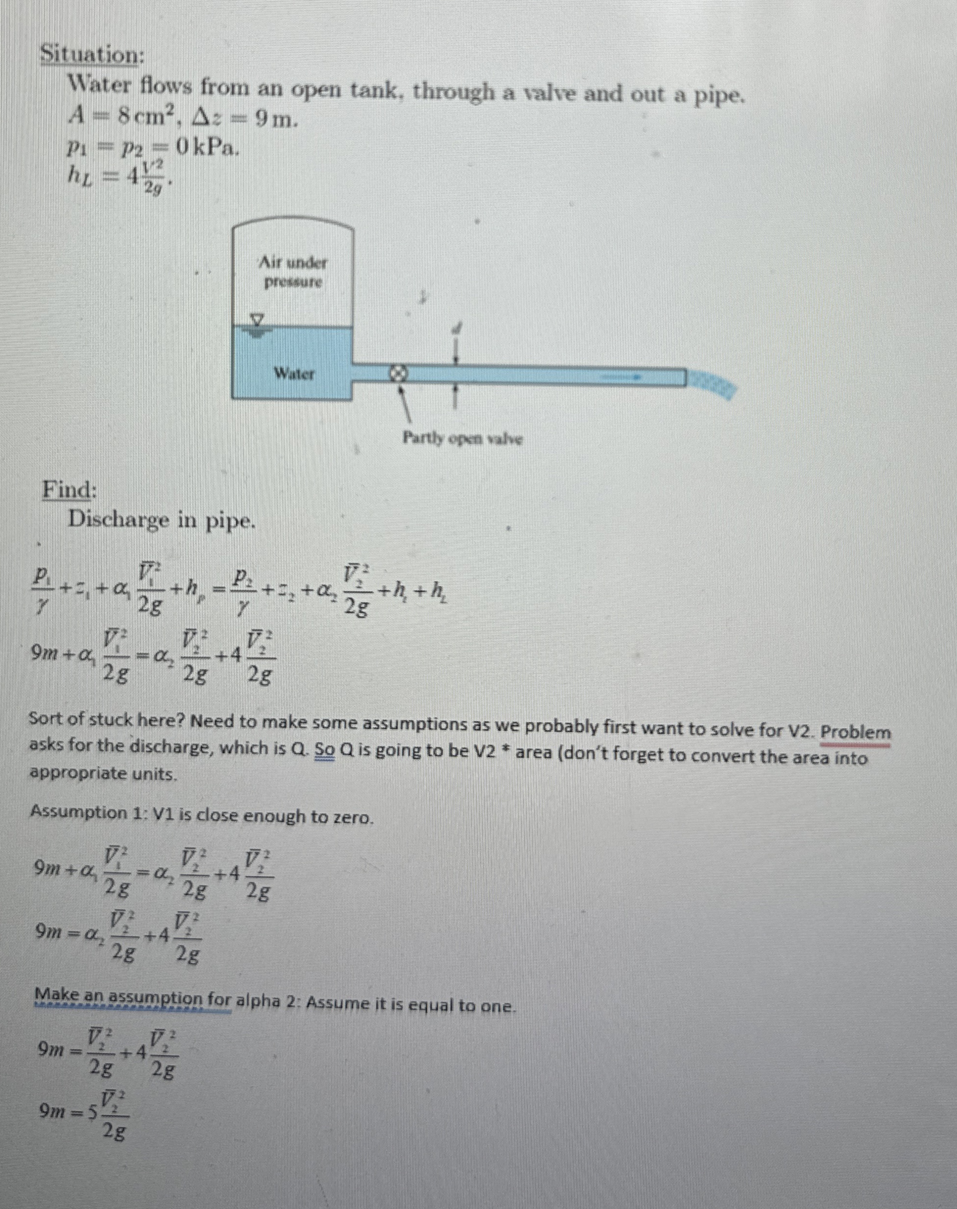 Situation: Water flows from an open tank, through