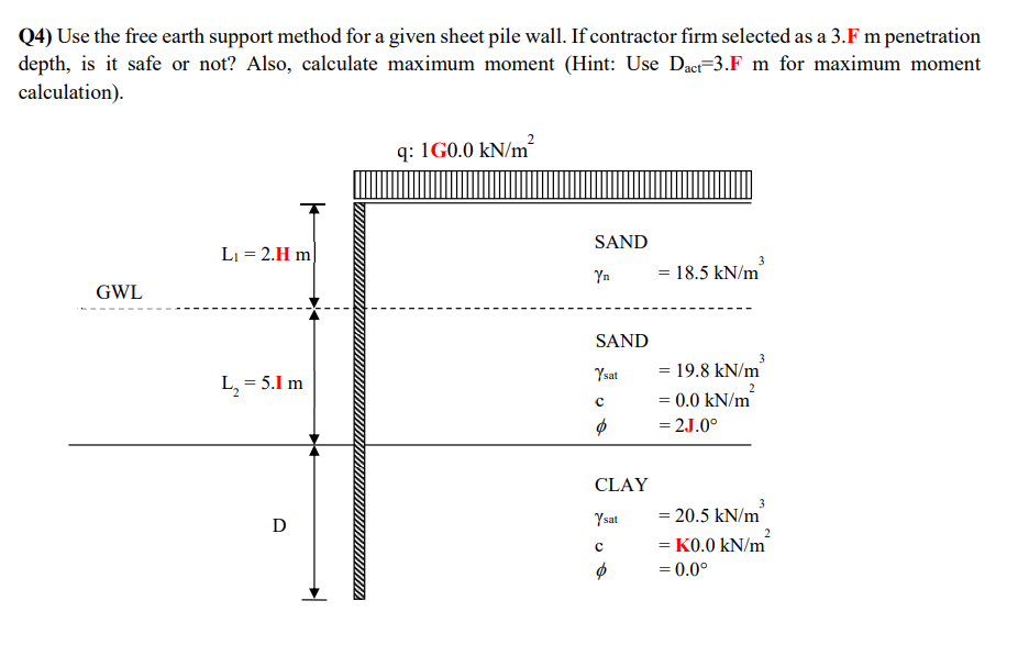Q 4 ) Use the free earth support method for a