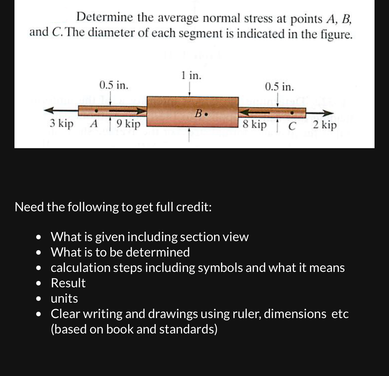 Determine the average normal stress at points A ,