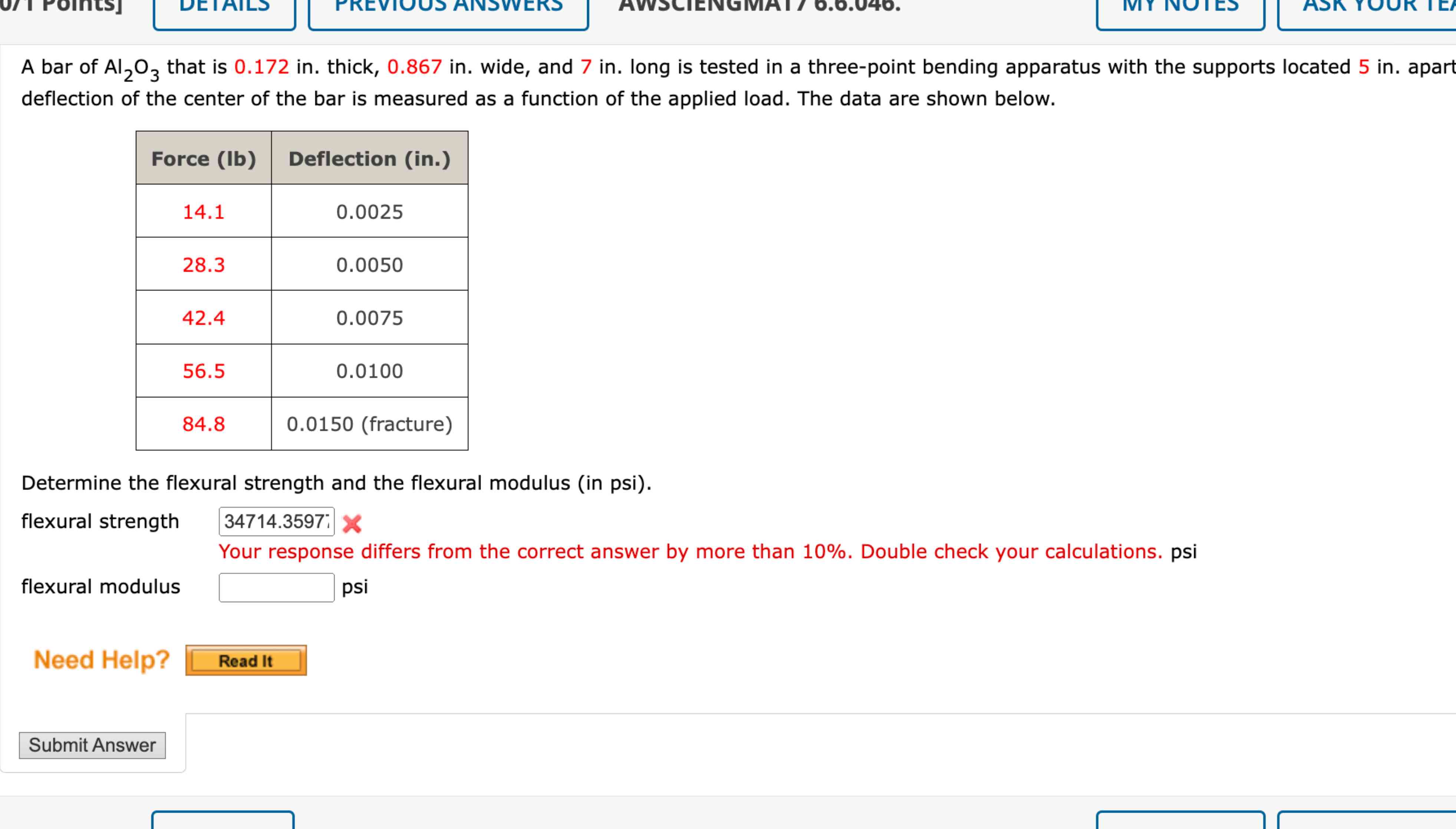 A bar of A l 2 O 3 that is 0 . 1 7 2 in . thick,