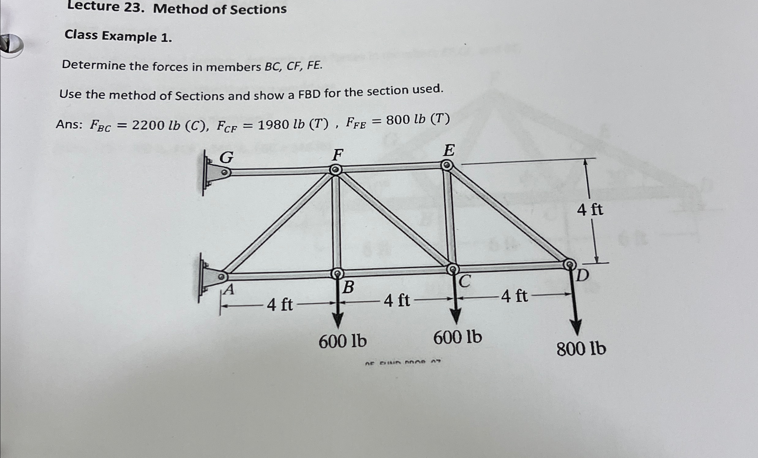 Lecture 2 3 . Method of Sections Class Example 1