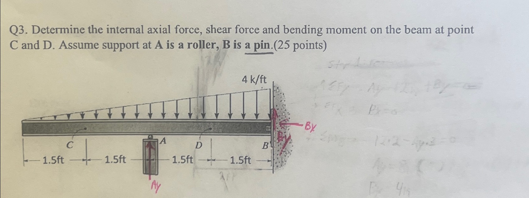 Determine the internal axial force, shear force