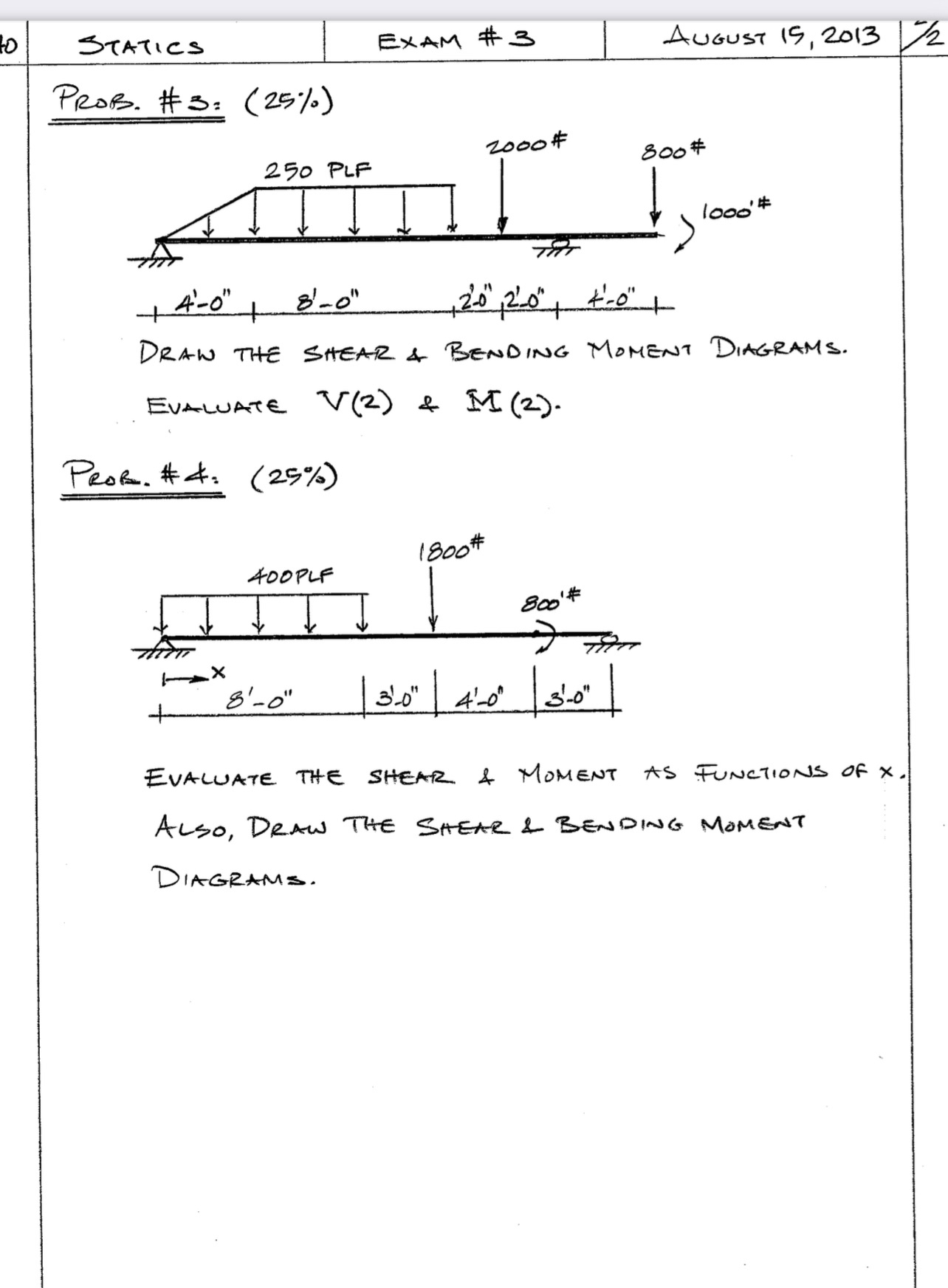 statics EXAM # 3 August 1 5 , 2 0 1 3 Prob. # 3 :