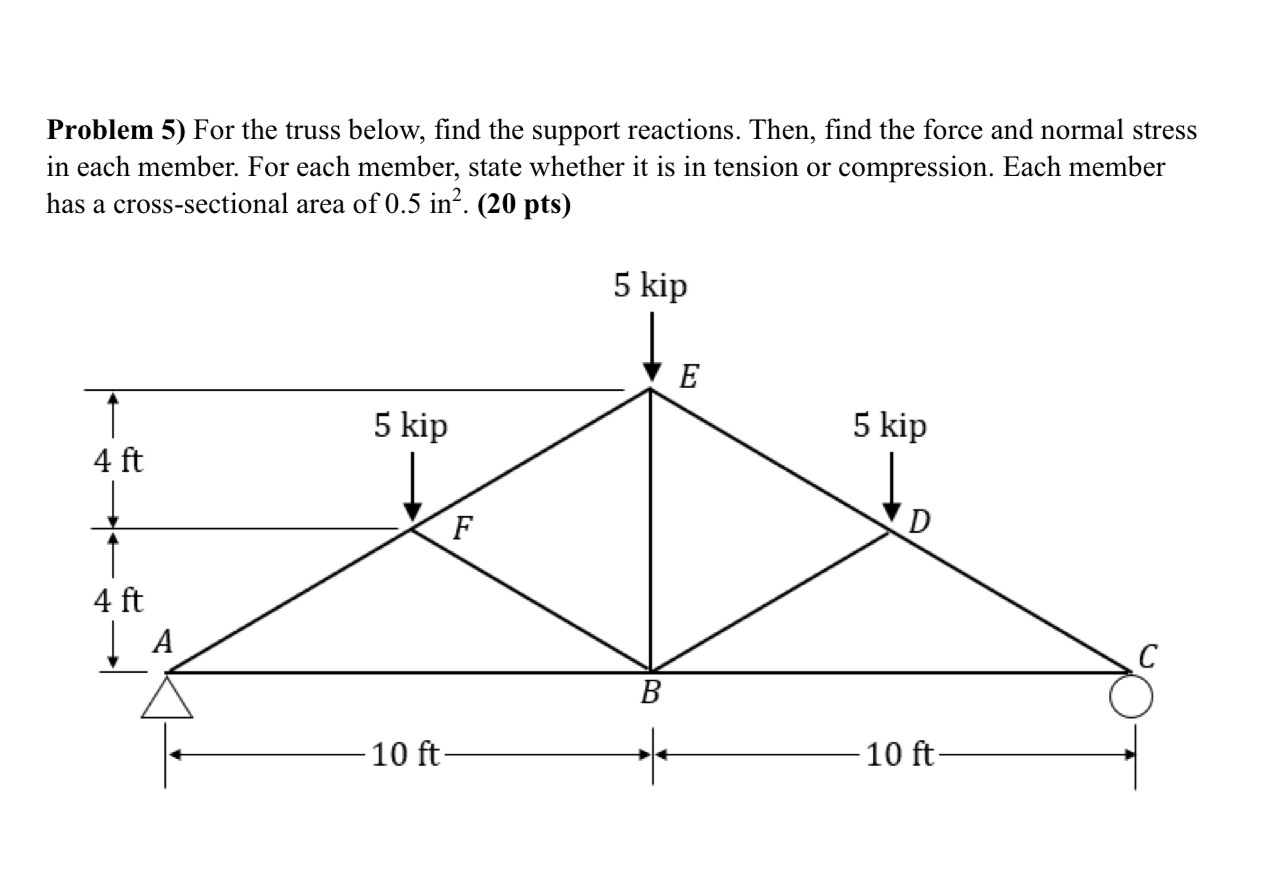Problem 5 ) For the truss below, find the support