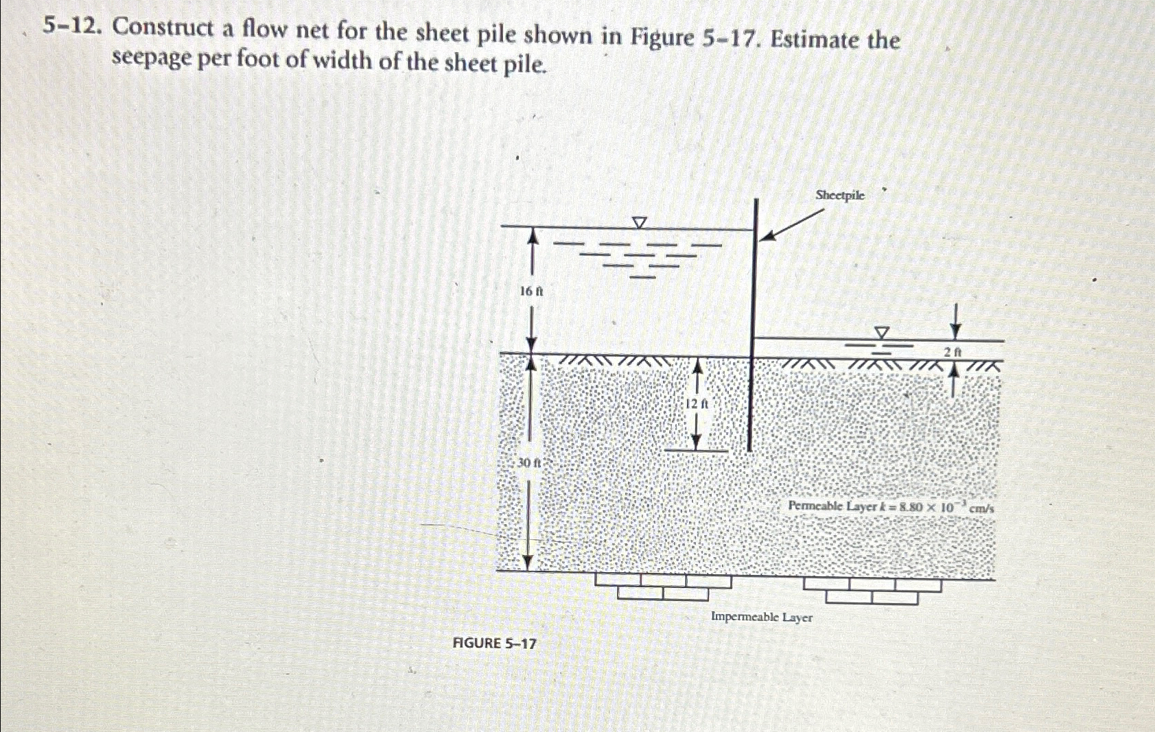 5 - 1 2 . Construct a flow net for the sheet pile