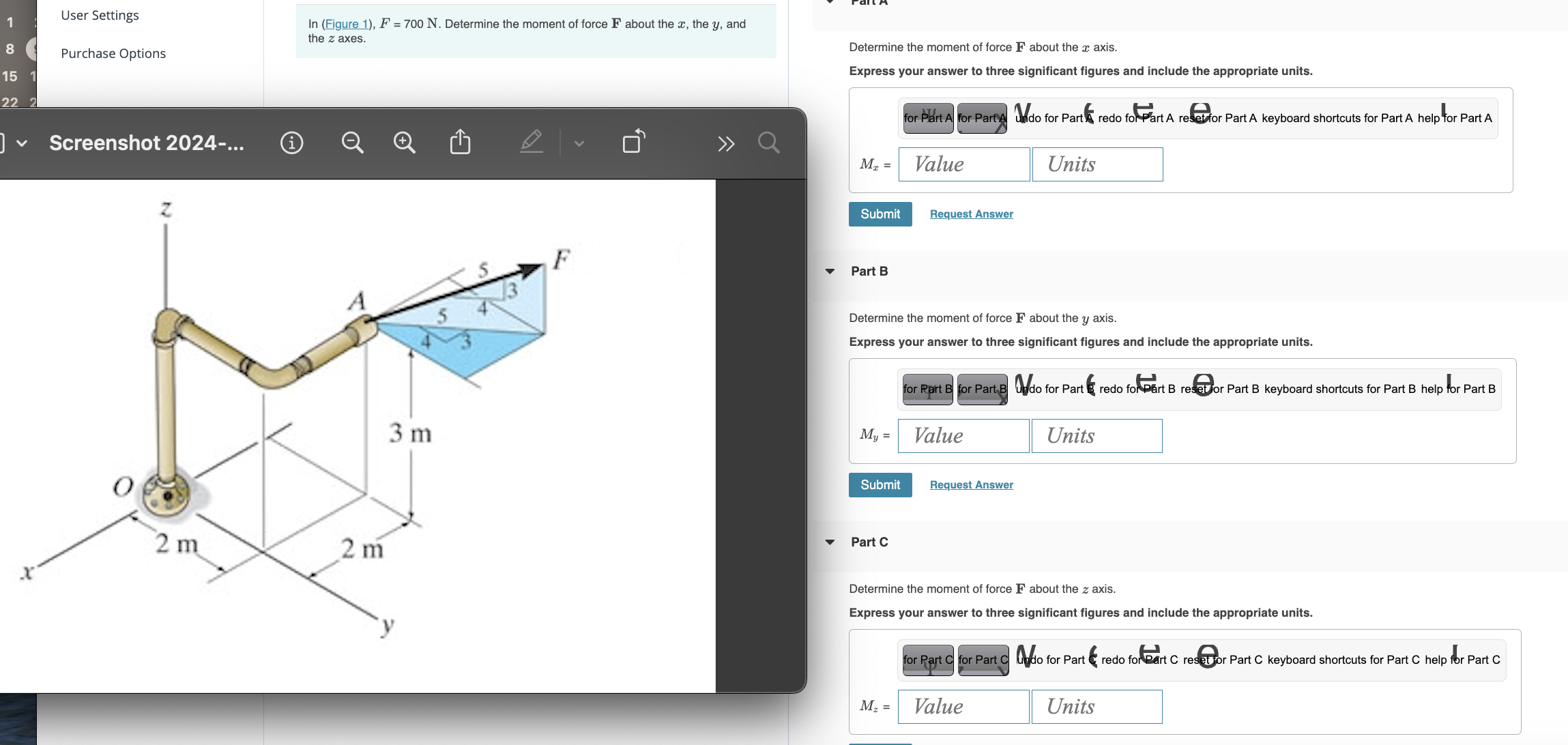 Determine the moment of force \ ( \ mathbf { F }