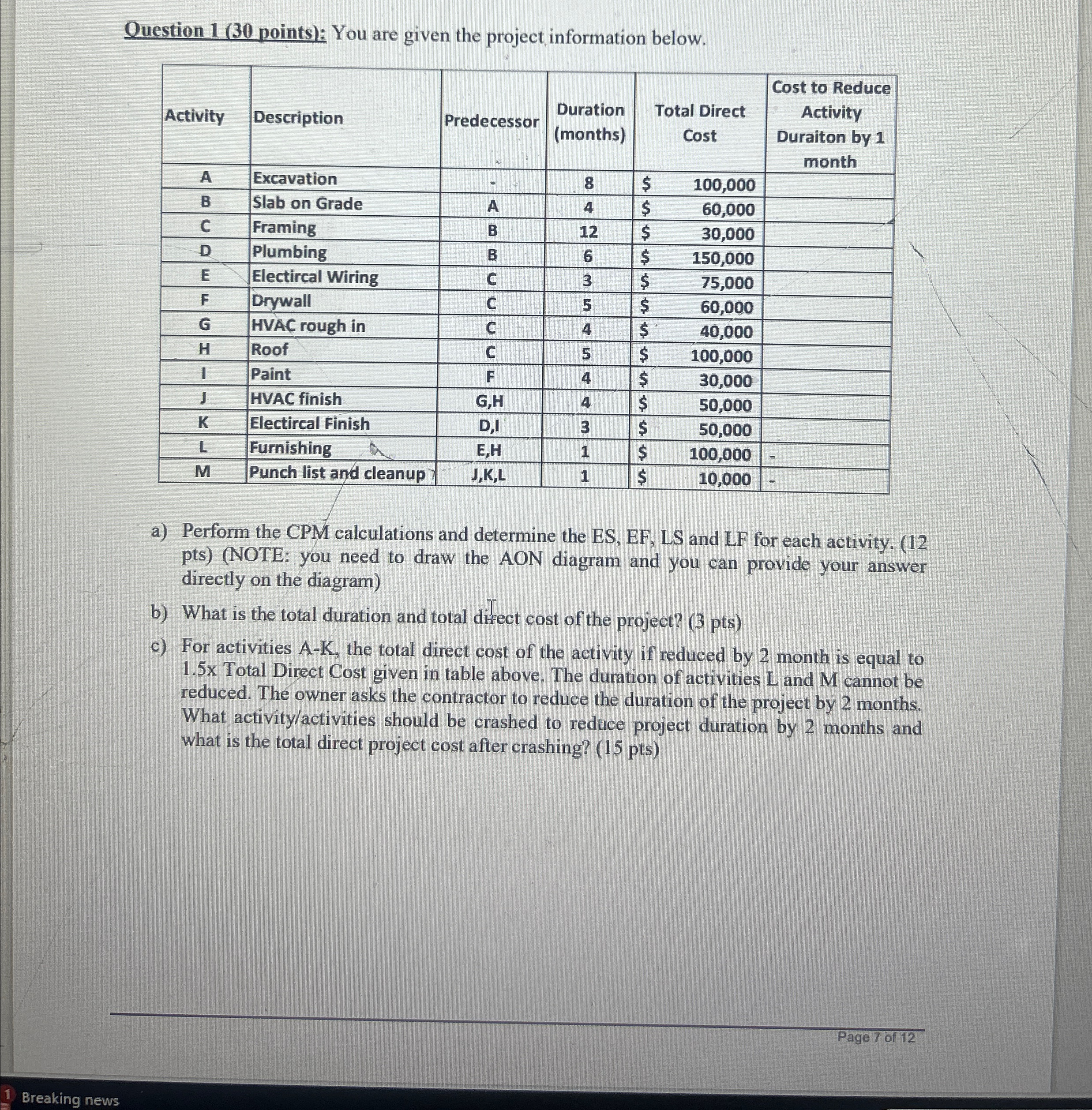 Question 1 ( 3 0 points ) : You are given the