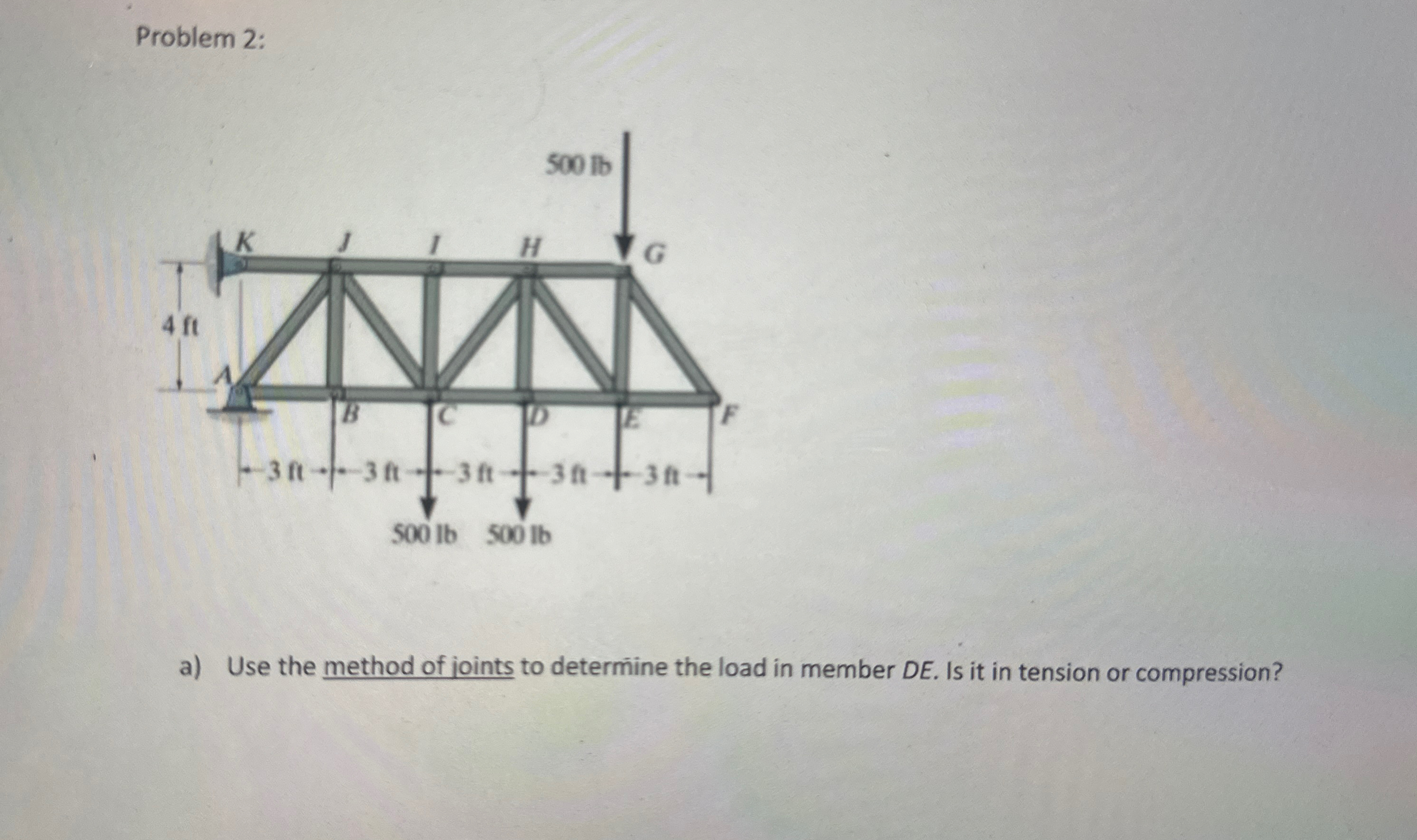 Problem 2 : a ) Use the method of joints to
