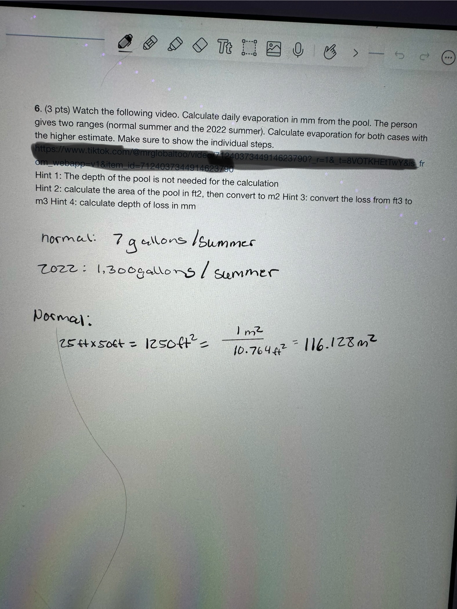 Hint 1 : The depth of the pool is not needed for