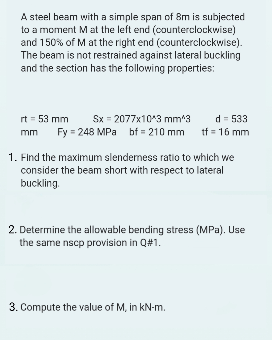 A steel beam with a simple span of 8 m is