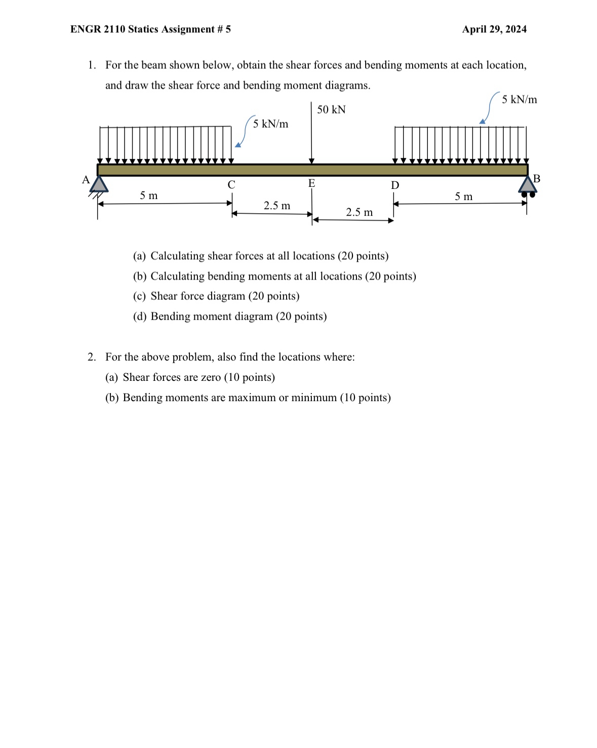 ENGR 2 1 1 0 Statics Assignment # 5 April 2 9 , 2