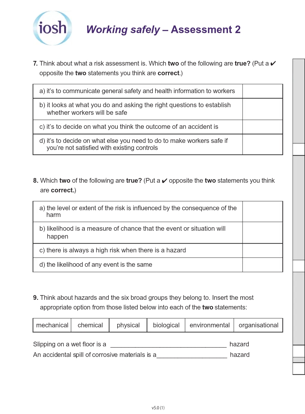 iosh Working safely - Assessment 2 7 . Think