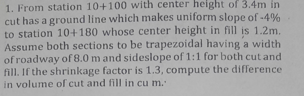 From station 1 0 + 1 0 0 with center height of 3