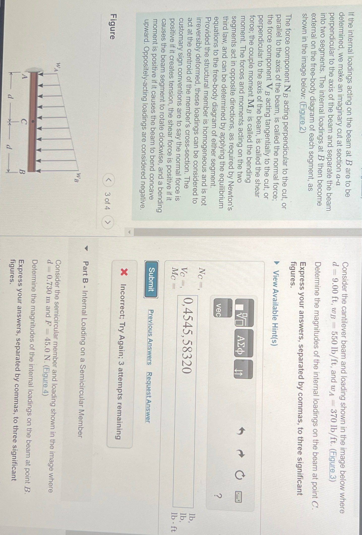 If the internal loadings acting on the beam at B