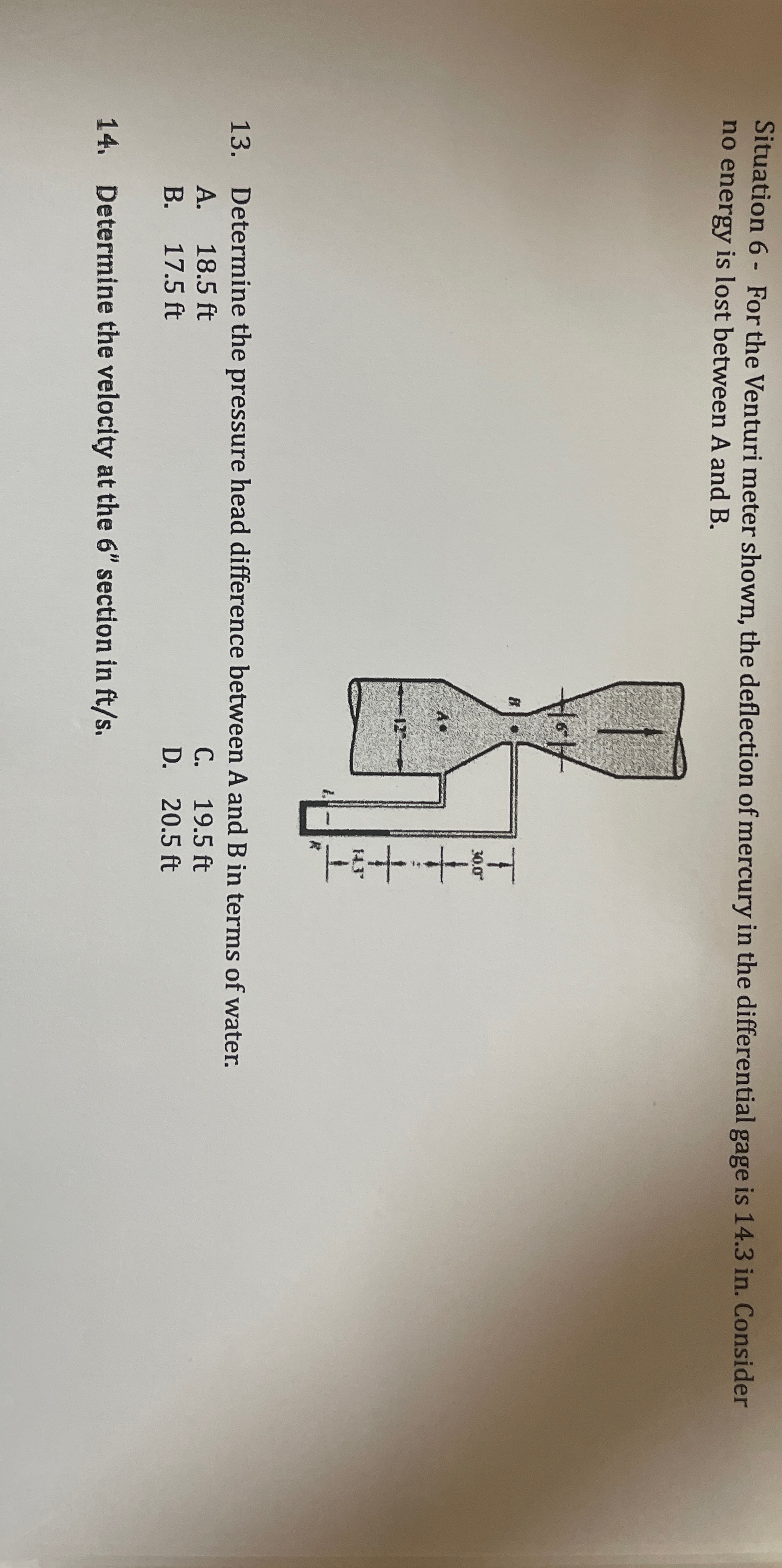 Situation 6 - For the Venturi meter shown, the