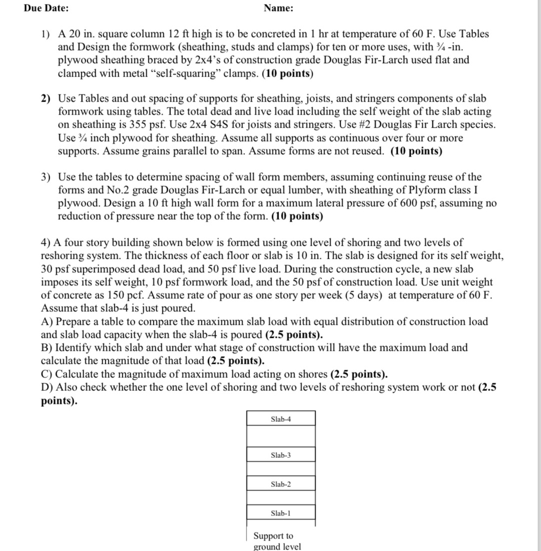 Due Date: Name: A 2 0 i n . square column 1 2 f t