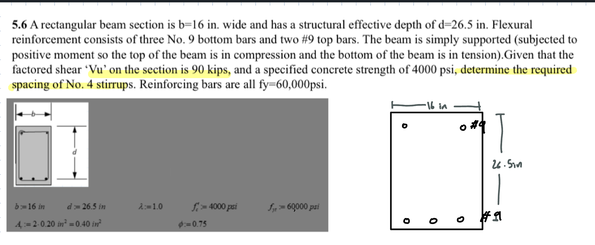 5 . 6 A rectangular beam section is b = 1 6 in .