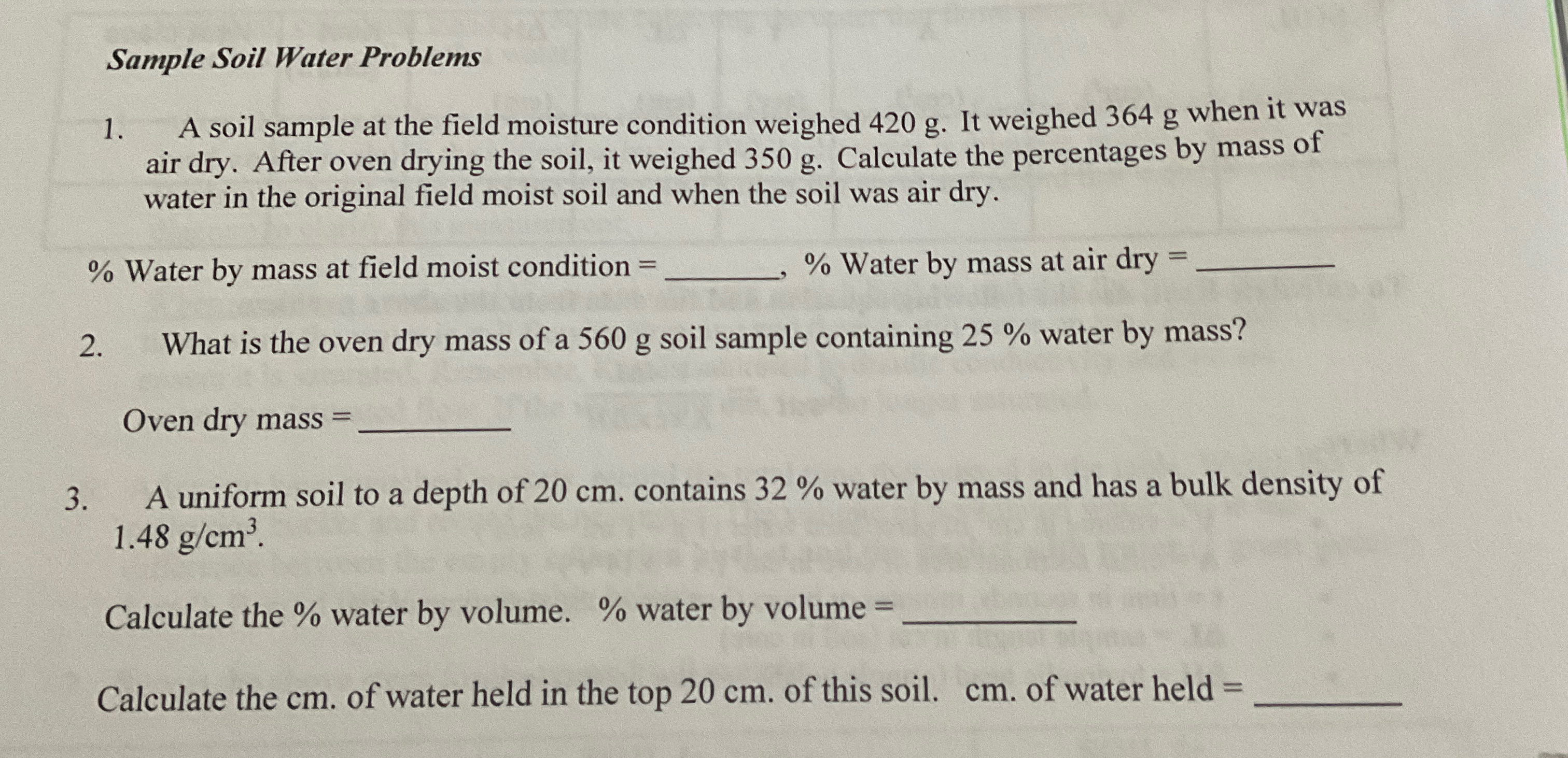 Sample Soil Water Problems A soil sample at the