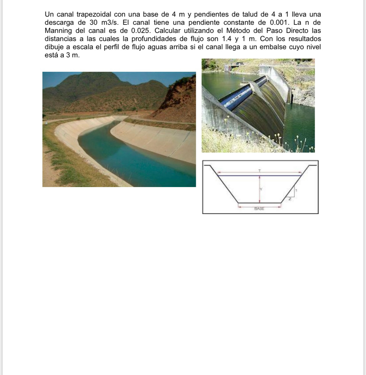 Un canal trapezoidal con una base de 4 m y