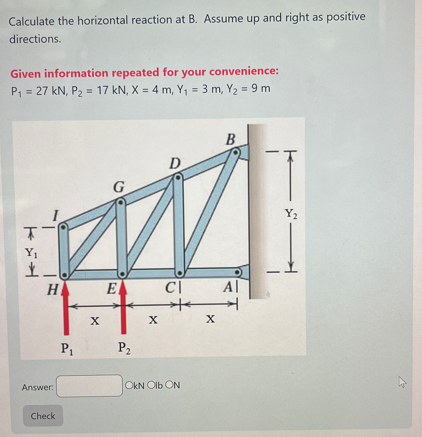 Calculate the horizontal reaction at B . Assume