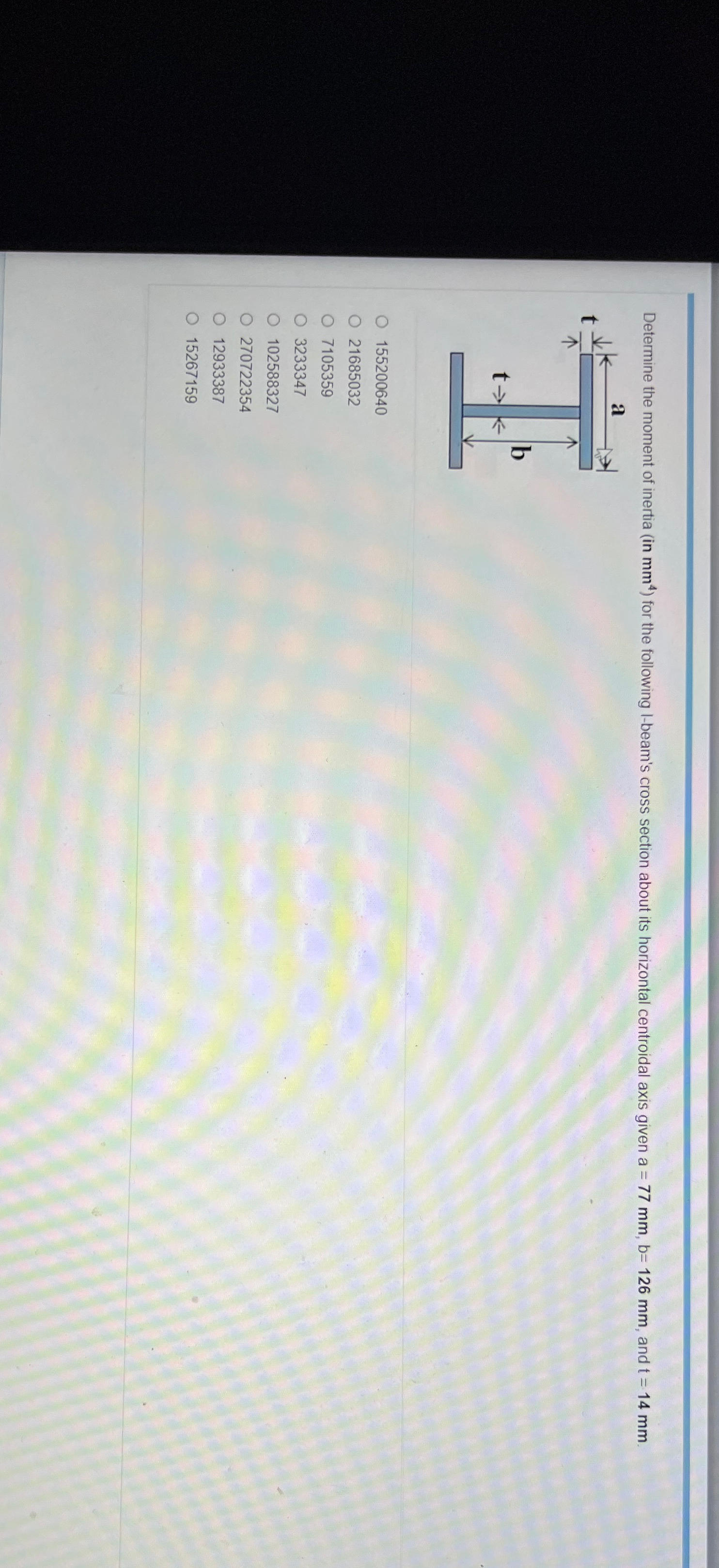 Determine the moment of inertia ( in m m 4 ) for