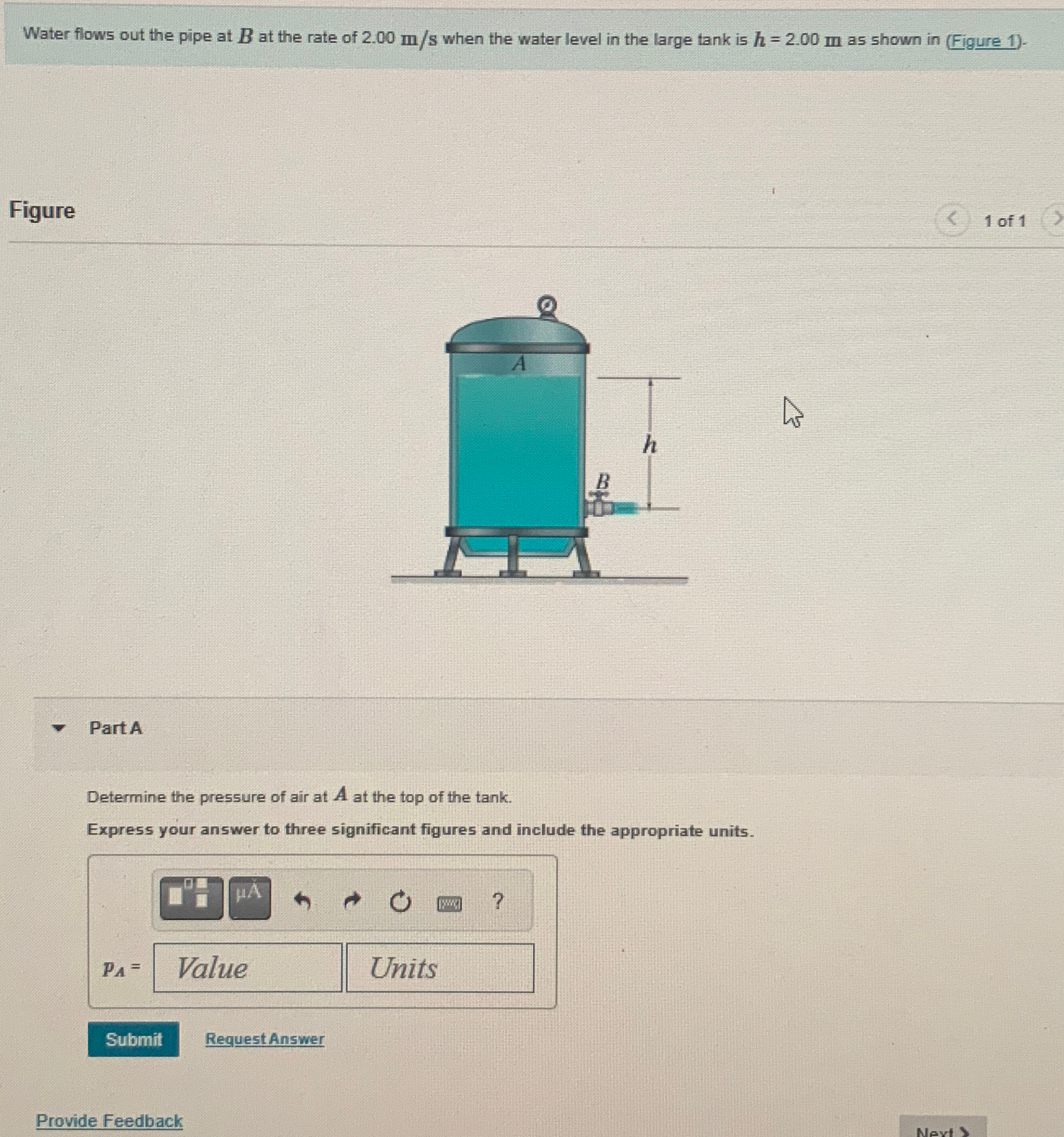 Water flows out the pipe at B at the rate of 2 .