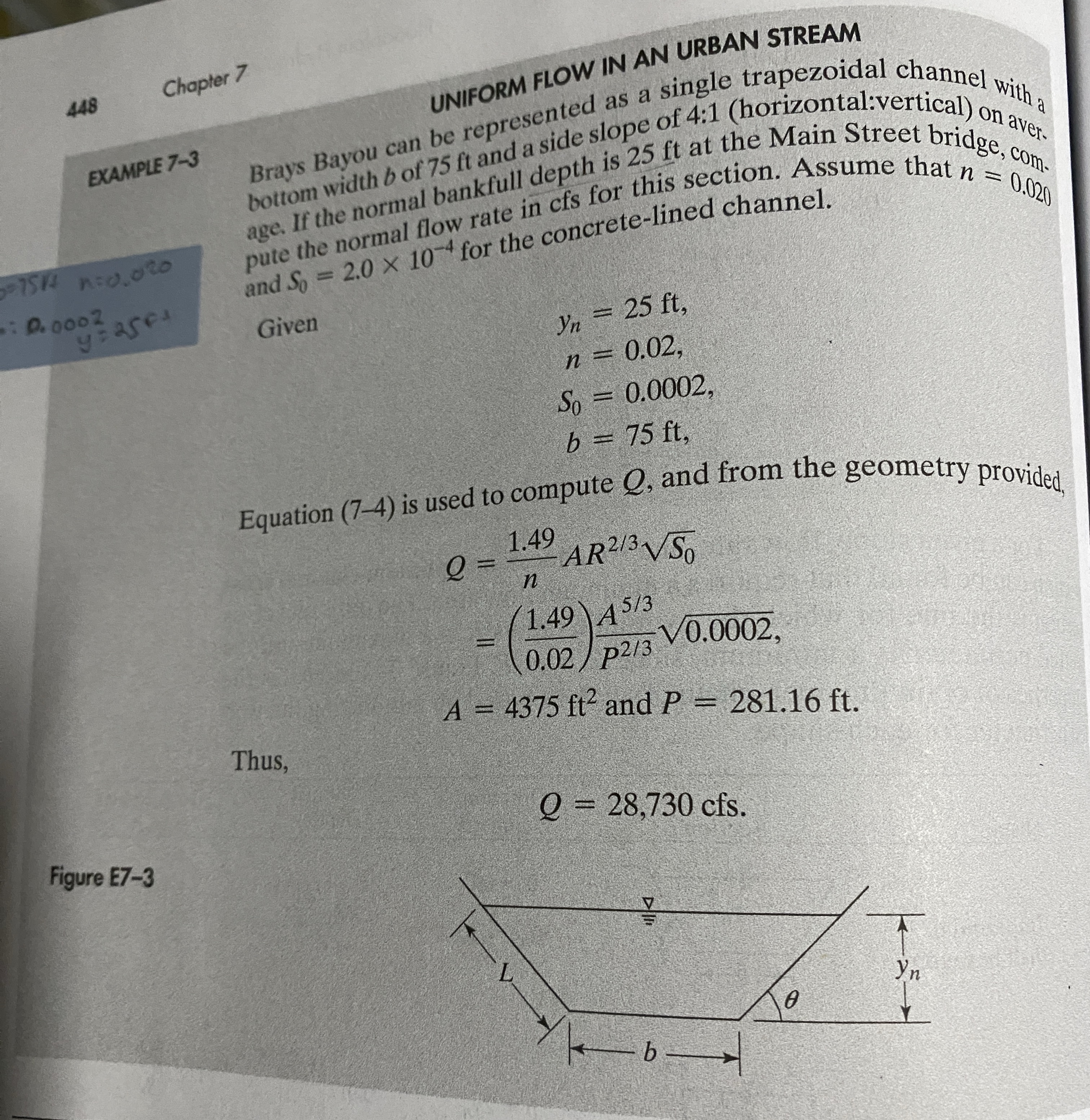 Repeat Example 7 . 3 but with side slope 2 : 1 (