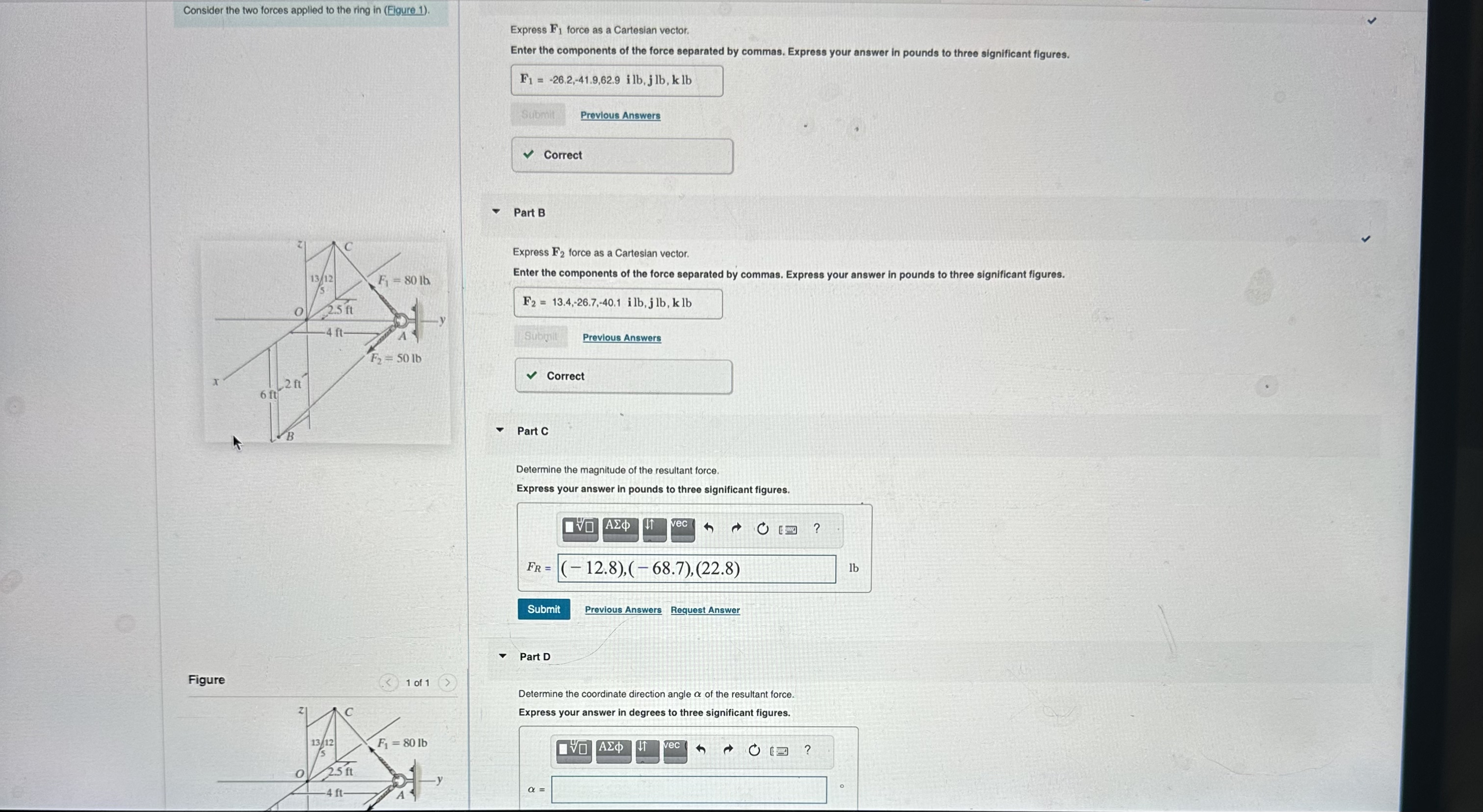 Consider the two forces applied to the ring in (