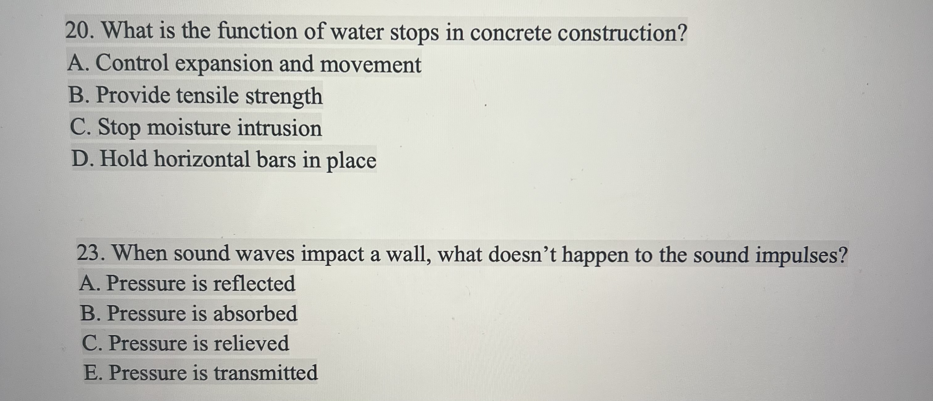 What is the function of water stops in concrete