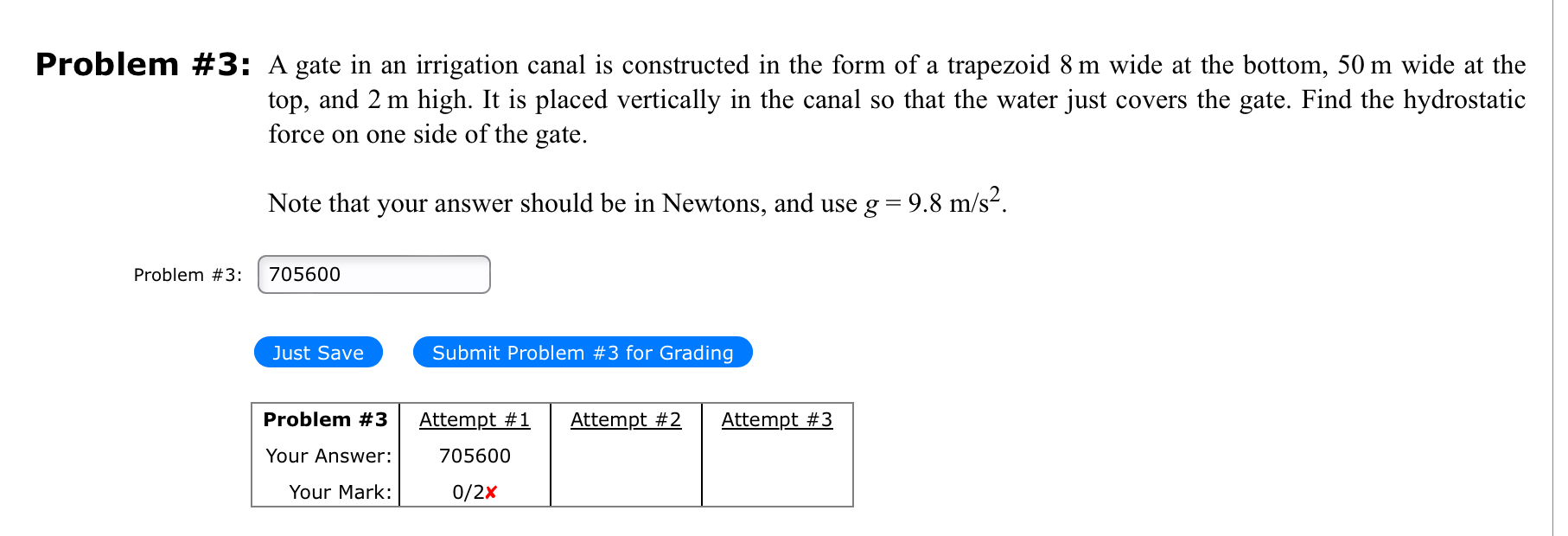 Problem # 3 : A gate in an irrigation canal is