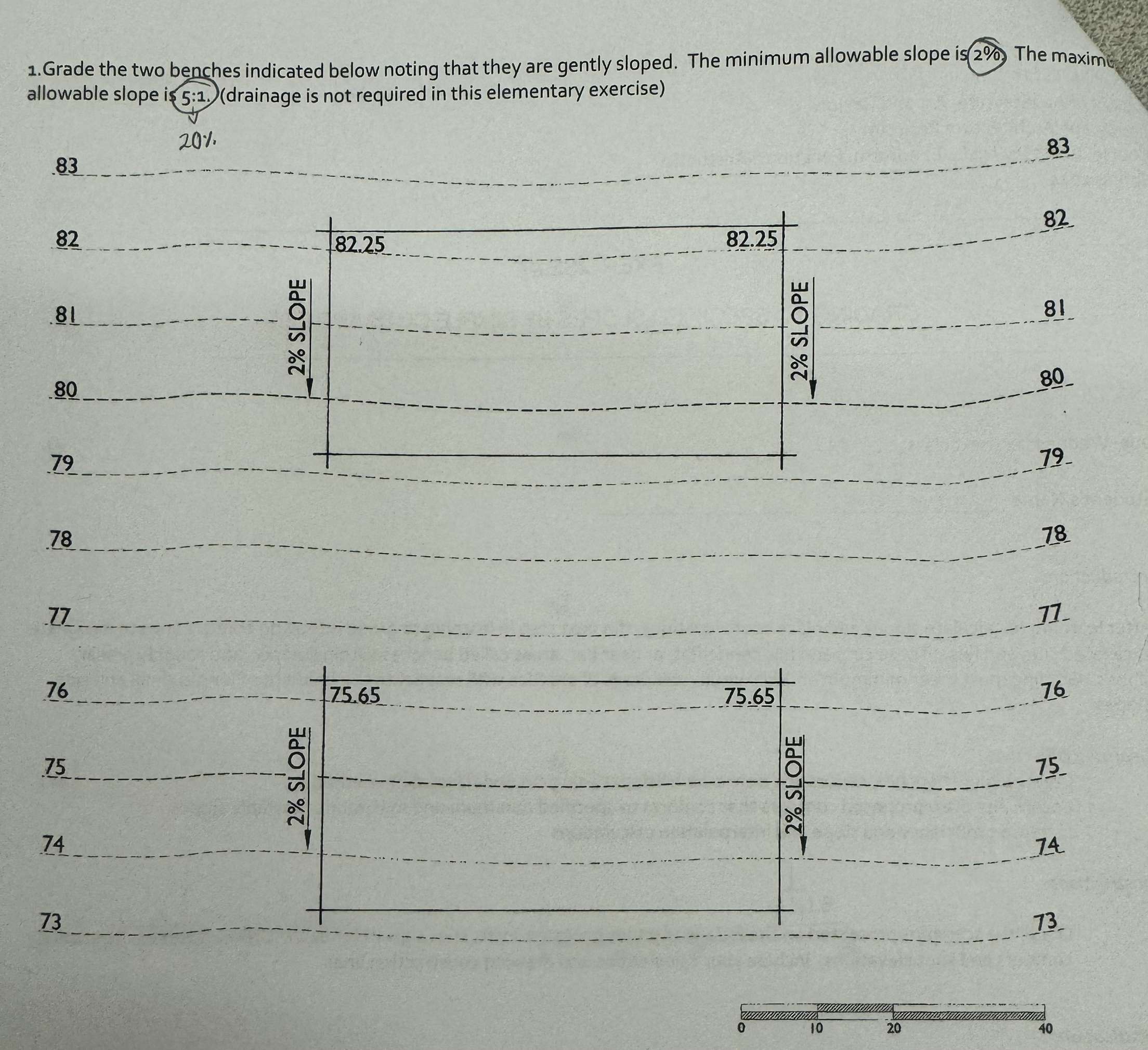 Grade the two benches indicated below noting that