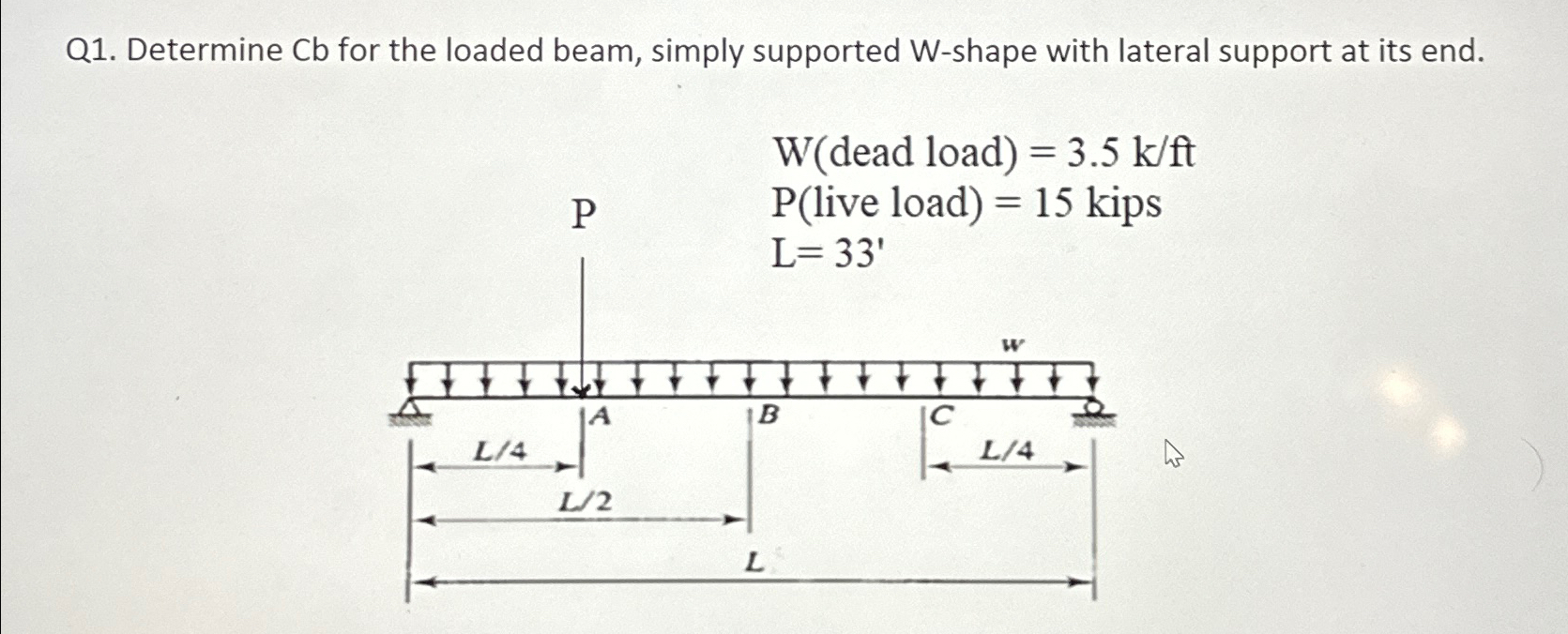 Q 1 . Determine Cb for the loaded beam, simply